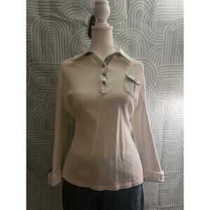 Karen Scott Women's Large White Long Sleeve Cotton Collared Knit Top